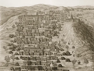 Vy över en del av staden Timbuktu från en kulle, illustration från Journal dun Voyage a Tombouctou et a Jenne, 1830