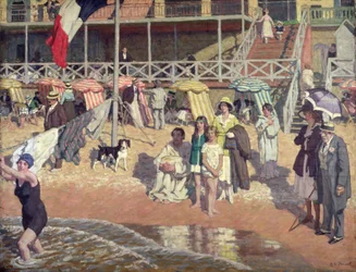 Badande framför Grand Hotel, Cabourg, ca 1920 (olja på panel)