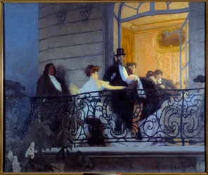 Belle Époque: ”Balkongen”. Sällskapskväll, en man masturberar värdinnan med handen. 1900. H. 1,86 x 1,56 m. Caen, Musée des Beaux-Arts