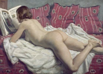 Nakenmodell på en rosa divan, cirka 1925