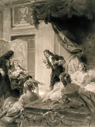 Scen av pjäsen "Le Malade Imaginaire" av Jean Baptiste Poquelin dit MOLIERE (1622-1673), sent 1800 - tidigt 1900-tal (målning)