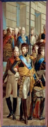 Intervju med Napoleon I och drottning Louise av Preussen i Tilsit (Tilsitt), 1807-07-06 Gobelinerna tillverkade av gobelinernas verkstad efter en detalj av målningen av Rene Theodore Berthon (1776-1859) sön. 3,28x1,28 m Malmaison musee du chateau