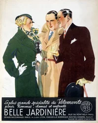 Reklam för "Den största specialiteten av kläder för män, damer och barn Belle Jardinière", vintern 1935