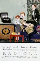 Radio Radio Radio Advertising Postcard (TSF): "" Alla radiokonserter kan höras med Radiola-enheter". sd. cirka 1919. Illustration av Rene Vincent, aka Rene Mael (1879-1936).