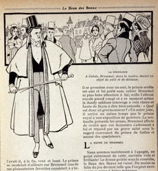 Representation av George Bryan Brummel (1778 - 1840), kungen av Dandies, som befinner sig i exil i Calais. Illustration av René Vincent. 1800-talet