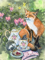 ”Afternoon Tea” – Räv, igelkott och mus med blödande hjärtblommor av Renee Machan