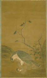 Hawk Capturing A Sparrow (bläck & färg på siden)