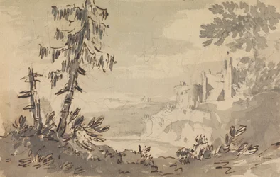 Pinjeträd och slott i ett landskap