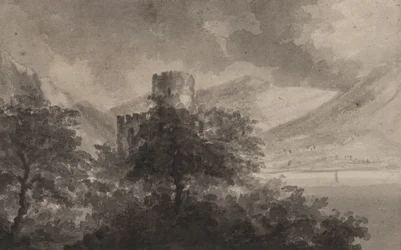 Wooded Lakeland Castle: capriccio, 1804 (borste & monokroma tvättar på papper)