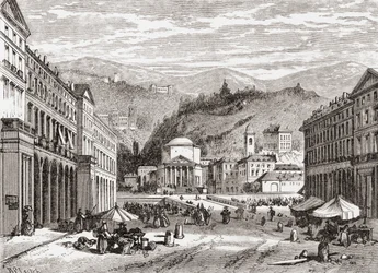 En gata i Turin, Italien i slutet av 1800-talet. Ur Italian Pictures av Rev. Samuel Manning, utgiven ca 1890.