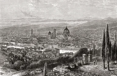 Utsikt över Florens, Toscana, Italien från terrassen på San Miniato, i slutet av 1800-talet. Från Italian Pictures av Rev. Samuel Manning, publicerad ca 1890.