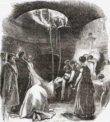 En tidig kristen begravning i katakomberna i Rom, Italien. Ur Italian Pictures av Rev. Samuel Manning, publicerad ca 1890.