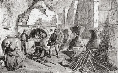 Bagarugn, bröd- och mjölkvarnar som upptäcktes vid utgrävningarna i Pompeji, Neapel, Italien i slutet av 1800-talet. Från Italian Pictures av Rev. Samuel Manning, publicerad ca 1890.
