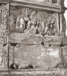 Basrelief av den södra panelen "Krigsbytet", som visar triumftåget, på Titusbågen, Via Sacra, Forum Romanum, Rom, Italien. Från Italian Pictures av Rev. Samuel Manning, publicerad ca 1890.