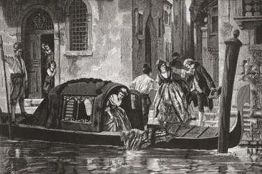 Passagerare stiger ur en gondol på Canal Grande i Venedig, Italien, i slutet av 1800-talet. Från Italian Pictures av Rev. Samuel Manning, publicerad ca 1890.