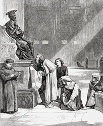 Människor kysser fötterna på statyn av Sankt Peter i Peterskyrkan, Vatikanstaten, Rom i slutet av 1800-talet. Från Italian Pictures av Rev. Samuel Manning, publicerad ca 1890.