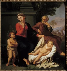 Den heliga familjen. Jungfru Maria lägger ett finger framför sin mun för att be Johannes Döparen att inte väcka Jesus sovande. Saint Joseph tittar på scenen. Målning av Reynaud Levieux (ca 1625-1690)