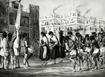 Buffalo Dance på Pueblo de Zuni, New Mexico, från "Rapport of an Expedition Down the Zuni and Colorado Rivers" av Sitgreave, pub. av Ackermann