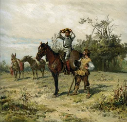 Don Quijote rider på Rossinante, bär sin hjälm, Sancho Panza bär sitt spjut