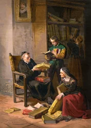Prästen Pero Perez och barberaren Nicolas inspekterar böckerna i Don Quijotes bibliotek