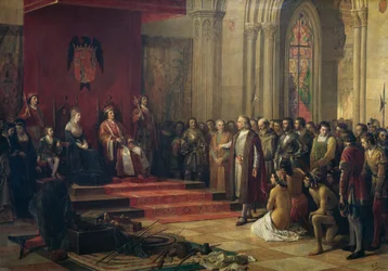 Kristoffer Columbus tas emot av de katolska monarkerna i Barcelona vid sin återkomst från sin första resa till Amerika, målning från 1874 av Ricardo Balaca (1844-1880)
