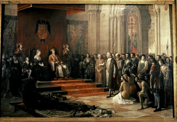 Columbus med de katolska kungarna (Isabella och Fernando) av...