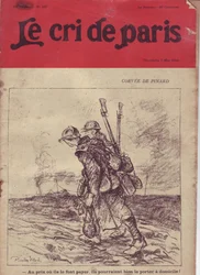 Illustration av Ricardo Flores (1878-1918) för omslaget till Le Cri de Paris, 07/05/16 - Corvee de pinard "" Till priset eller de tar ut det, kan de mycket väl bära det hemma! "" - War of 14 -18, vin, soldatliv, matsal rullande soppa, leverans - soldater