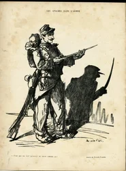 Illustration av Ricardo Flores (1878-1918) i Le Lire, 22/01/10 - Apacher i armén - apachehallickar - Skugga/ljus