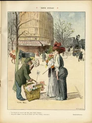Illustration av Ricardo Flores (1878-1918) i Le Rire, 25/04/08 - Trippelt utdrag - Arkitektur Urbanism, Mode, Hatt, Transport, Blommor, Butiker
