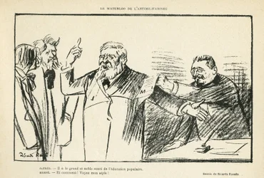 Illustration av Ricardo Flores (1878-1918) i Le Rire, 27/07/12 - Antimilitarismens Waterloo - Antimilitarism - Jaures Jean, Herve Gustave (1871-1944)