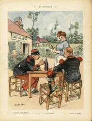 Illustration av Ricardo Flores (1878-1918) i Le Lire, 08/08/08 - Familj - Armee, Restaurangkaféer, Vin, Alkohol Alkoholhaltig - Kaffepojke, Servitriser Servitriser, Soldater