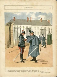 Illustration av Ricardo Flores (1878-1918) i Le Lire, 23/04/10 - Förklaring - Armee, baracker