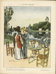 Illustration av Ricardo Flores (1878-1918) i Le Rire, 04/07/08 - Vackra söndagar - Fritid, Naturvegetation, Arkitektur Urbanism, Restaurangkaféer, Maritim havsstrand