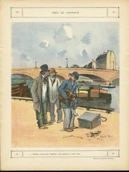 Illustration av Ricardo Flores (1878-1918) i Le Rire, 05/10/12 - Hos frisören - Paris, Yrken, Arkitektur Stadsplanering, Bro, River River - Hund, Frisör