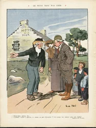 Illustration av Ricardo Flores (1878-1918) i Le Rire, 20/07/12 - Det billiga lilla hålet - Landsbygd, Mode, Maritim Havssida, Herrmode, Turistturister, Hotell