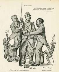 Illustration av Ricardo Flores (1878-1918) i Le Rire, 21/06/13 - Sales kidses - Armee, militärtjänst, socialism - Jaures Jean, Caillaux Joseph (1863-1944), Painleve Paul (1863-1933)