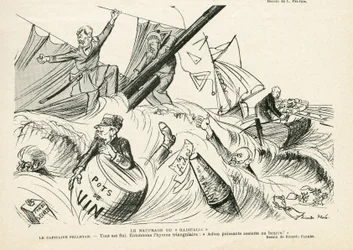 Illustration av Ricardo Flores (1878-1918) i Le Rire, 25/05/12 - Radikalismens skeppsbrott - Radikalism, Maritime Marine Seaside, Rökning, Yachting, Tobak - Combes Emile (1835-1921), Andre Louis (1838-1913) ), Pelletan Camille (1846-1915) - Grafisk parod