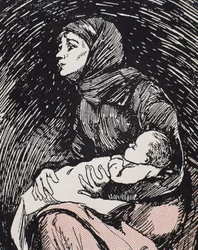 Julafton. 1900. En mager kvinna med sitt barn i famnen (gravyr)
