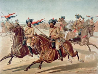 Scouts of the 10th Bengal Lancers (field Service Kit), 1880-talets anglo-indiska armé (färg litho)