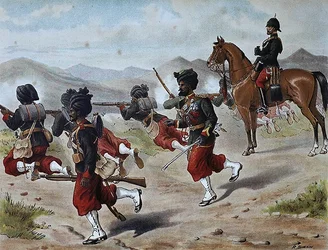 Den 20:e Bombays infödda infanterifältskjutning (marschordning), anglo-indiska armén på 1880-talet (lito i färg)