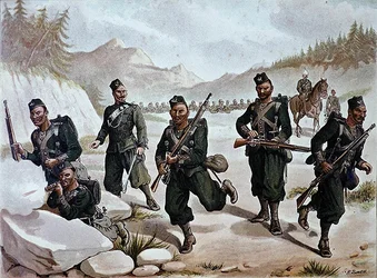 The 3rd Gurkhas Skirmishing, den anglo-indiska armén på 1880-talet (färg litho)