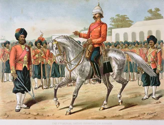 Det 7:e bengaliska infanteriet på parad, 1880-talets anglo-indiska armé (färg litho)