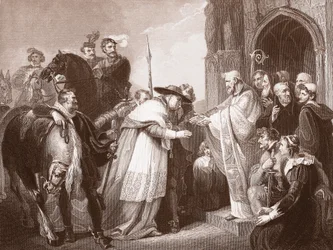 Kardinal Wolsey vid Leicester Abbey, graverad av R. Walther (litho)