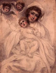 Mor och barn med keruber, ca 1790 (akvarell och penna på papper)