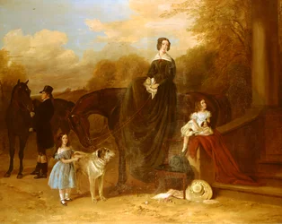 En familj med sina jägare och hundar utanför en herrgård, 1841