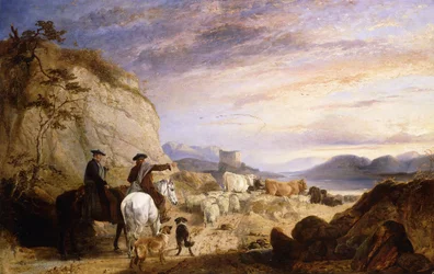 Highland Drovers och hundar som kör sina får och boskap i ett stenigt skogslandskap, 1846