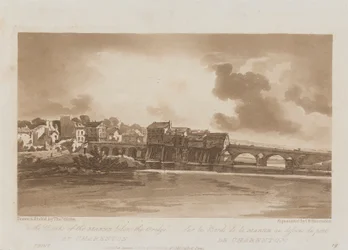 På stranden av Marne nedanför bron vid Charenton 1803; Skylt 19 från Views in Paris, Emanuel Volume-spårningen av plattan B1981.25.2628