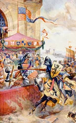 Ett tornerspel på Tower Bridge, illustration ur "Hutchinsons historia om den brittiska nationen"