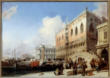 Utsikt över Venedig, Quai des Schiavoni och Dogespalatset Målning av Richard Bonington (1801-1828) 1827 Sön. 0,41 x 0,54 m