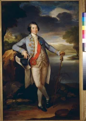 Porträtt av prins Alexandre Borissovitch Kourakine (1752-1818), homme politique russe (Porträtt av prins Alexander Kurakin) - Olja på duk av Richard Brompton (1734-1783), c1780 - Mått: 113x76 cm - Tretyakov-galleriet, Moskva